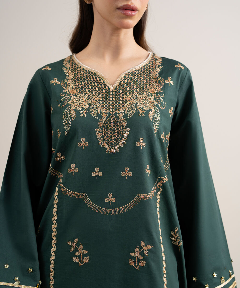 Women's Unstitched Dobby Embroidered Green 3 Piece Suit