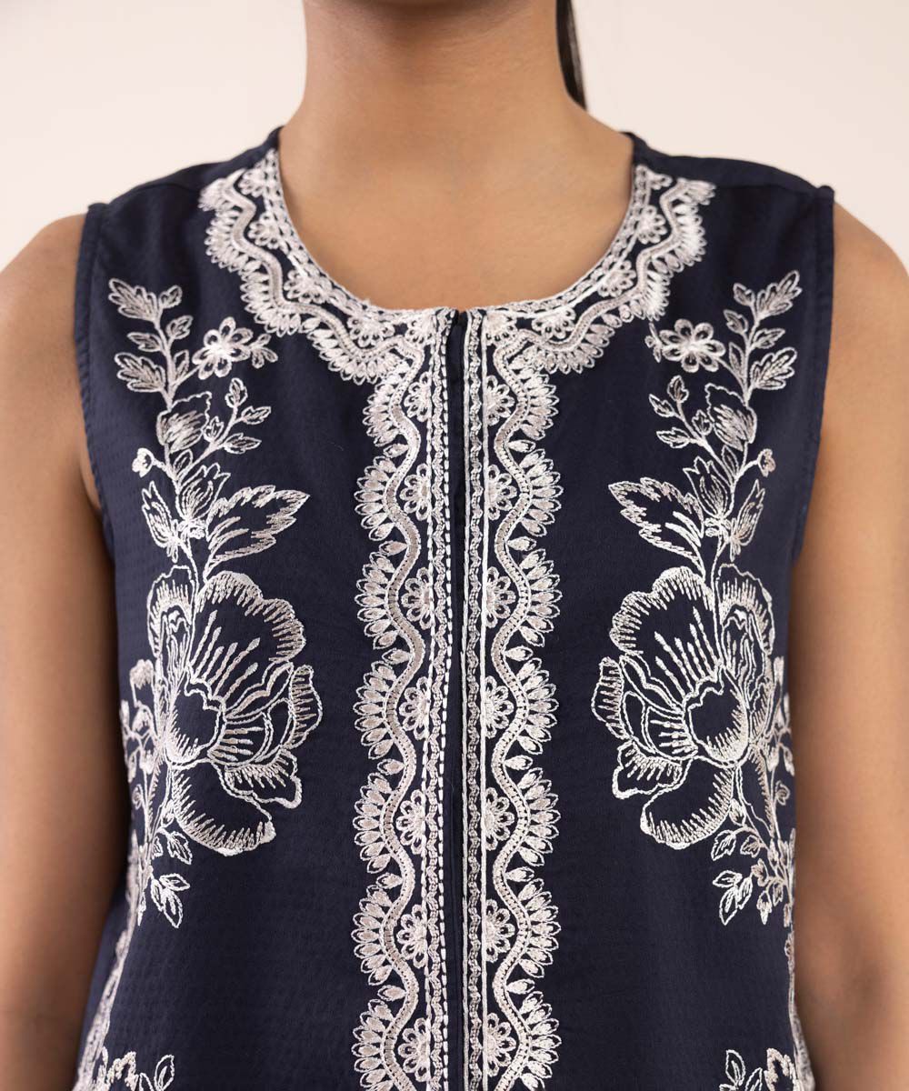 Women's RTW Dobby Black Embroidered Front Open Shirt