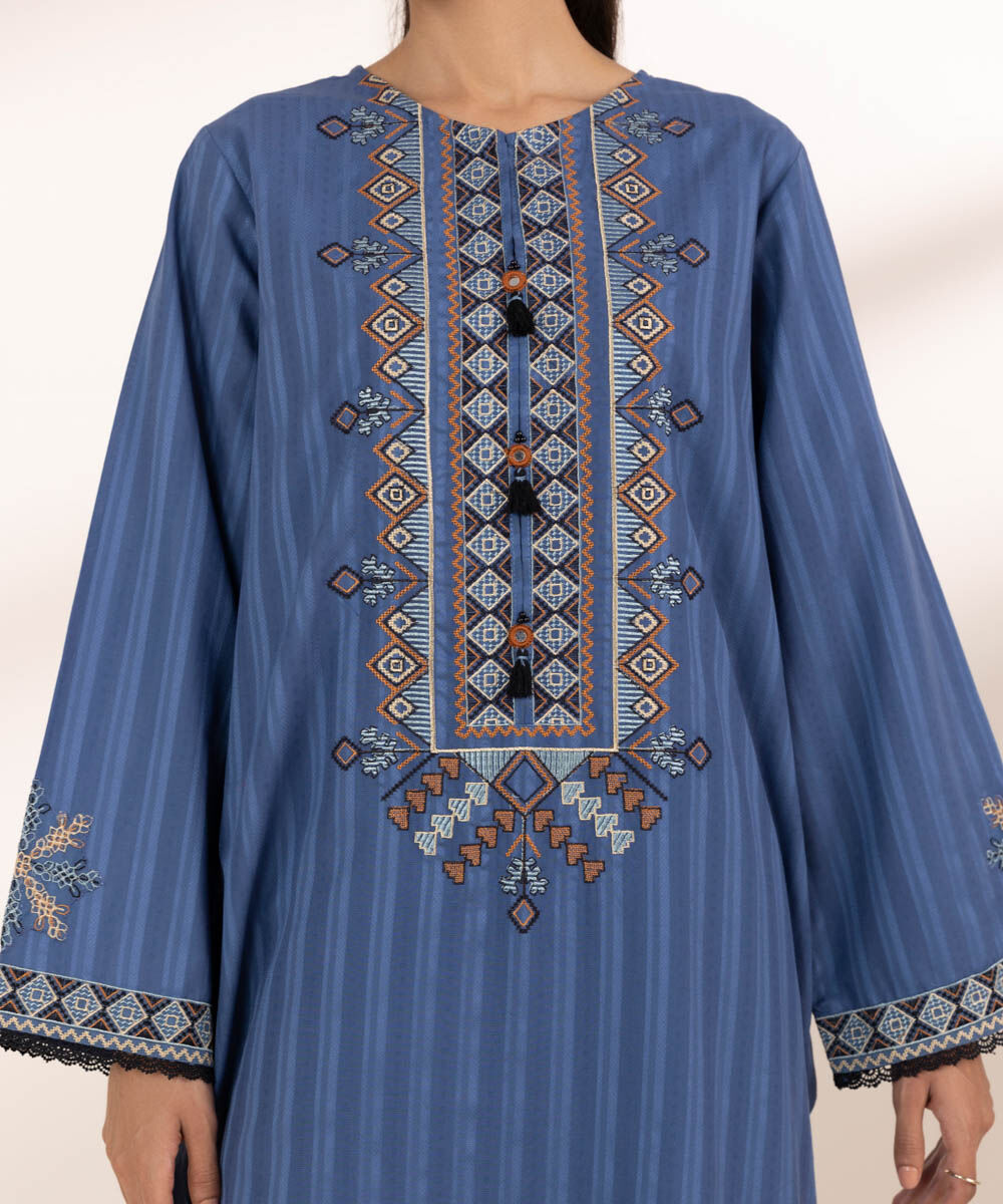 Women's RTW Textured Cotton Blue Embroidered A-Line Shirt