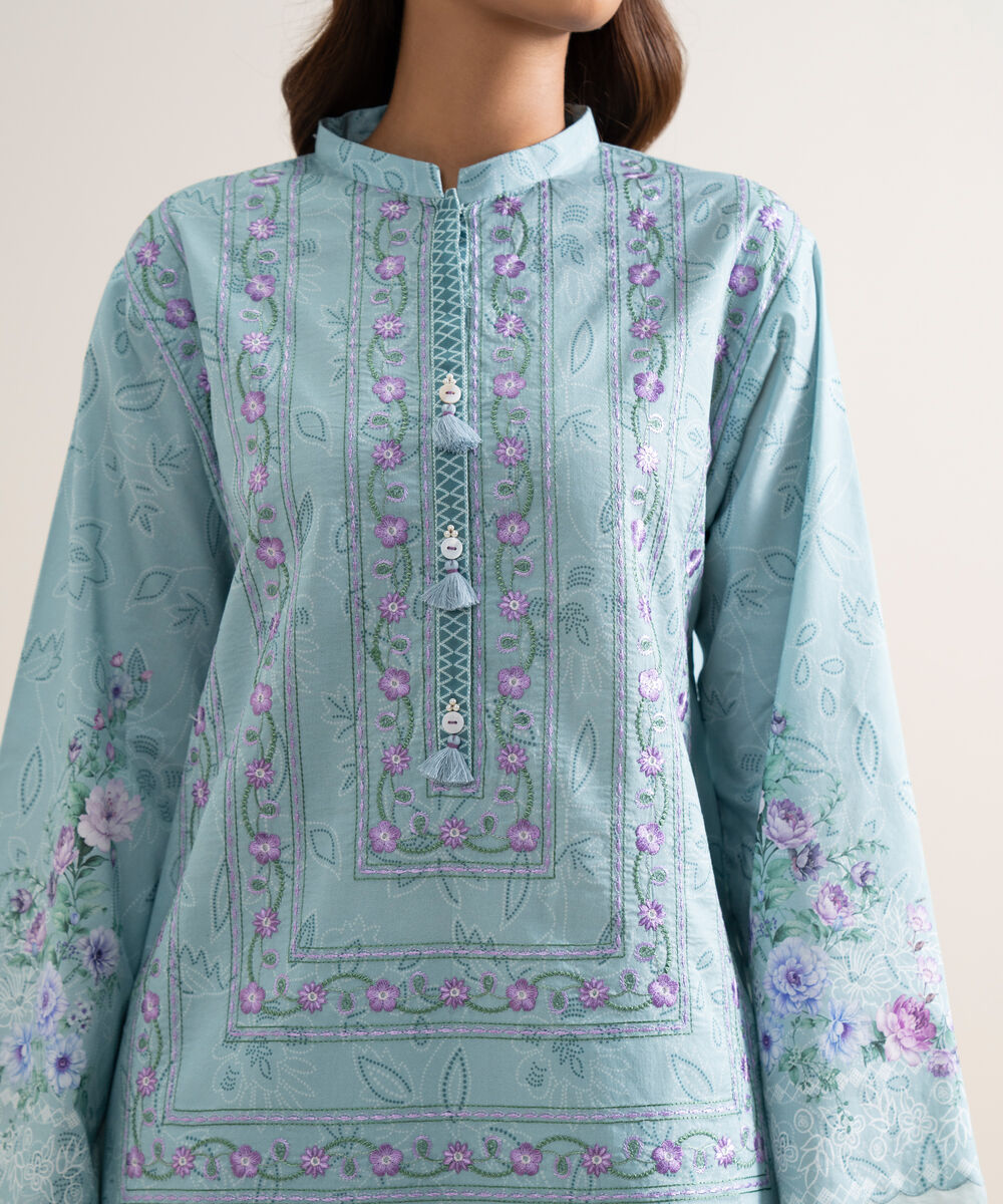 Women's Unstitched Lawn Embroidered Blue 3 Piece Suit