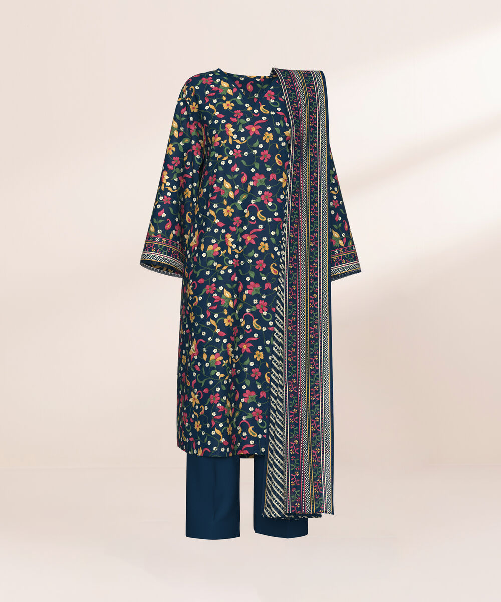 Women's Three Piece Printed Navy Blue Lawn Suit