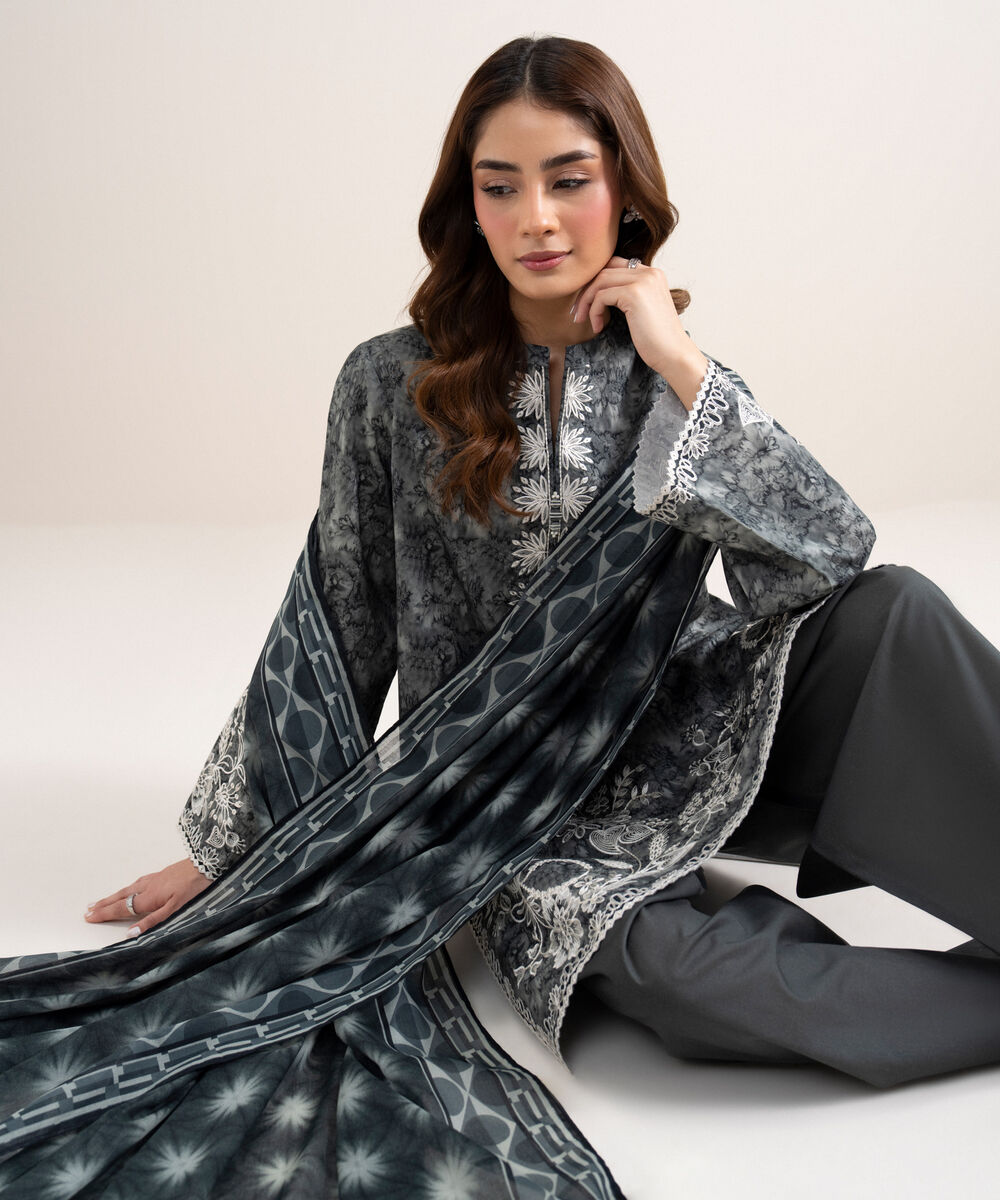 Women's Unstitched Lawn Embroidered Grey 3 Piece Suit