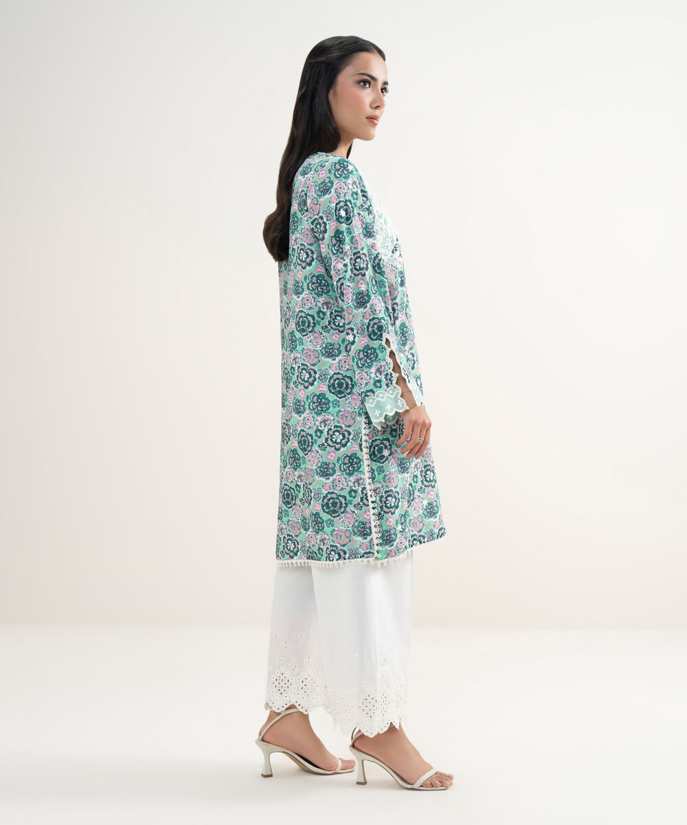 Women's RTW Viscose Raw Silk Embroidered Turquoise Straight Shirt