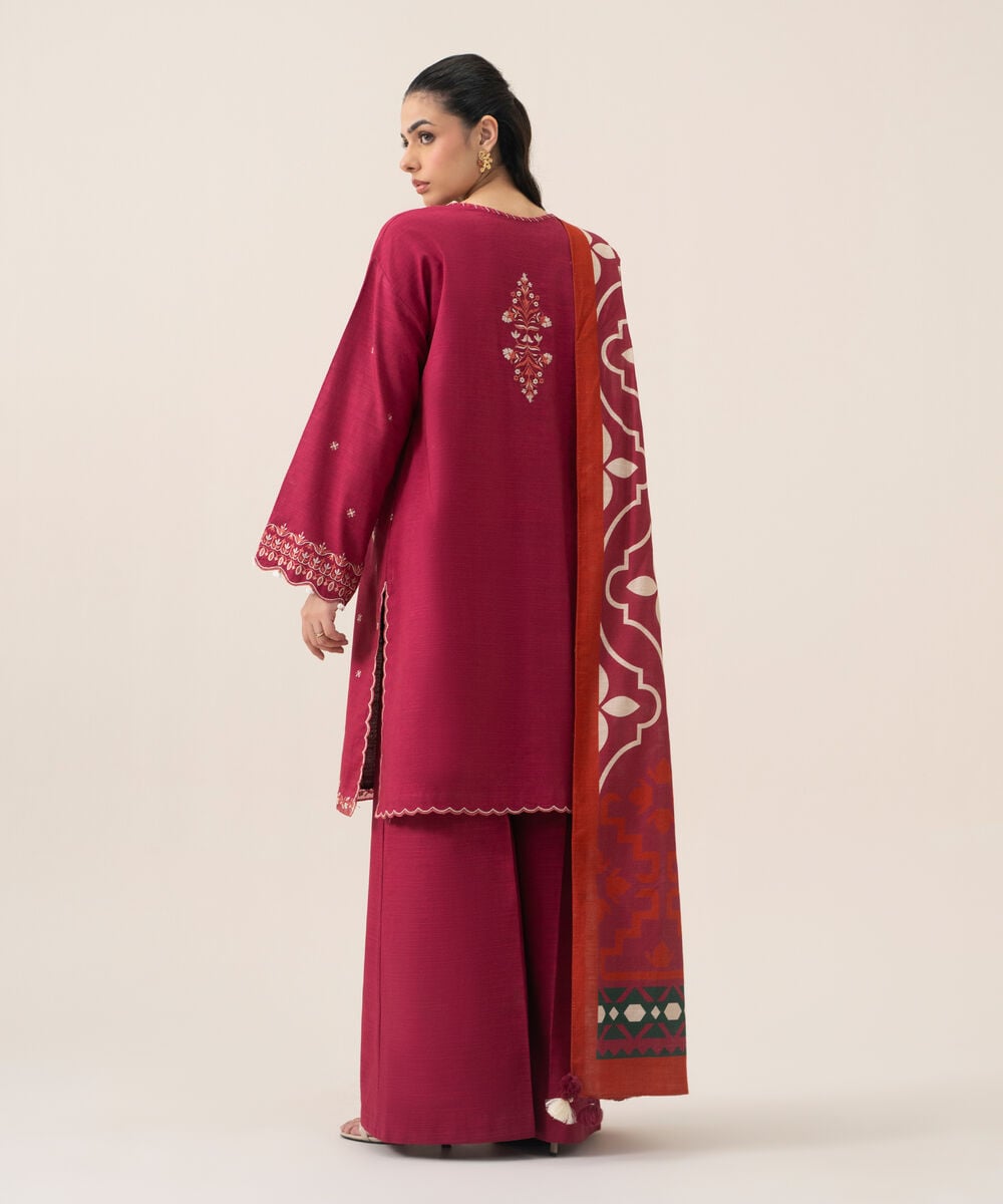 Women's Unstitched Lawn Embroidered Magenta 3 Piece Suit