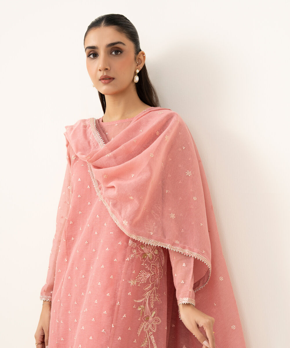 Women's RTW Blended Textured Karandi Pink Dyed Three Piece