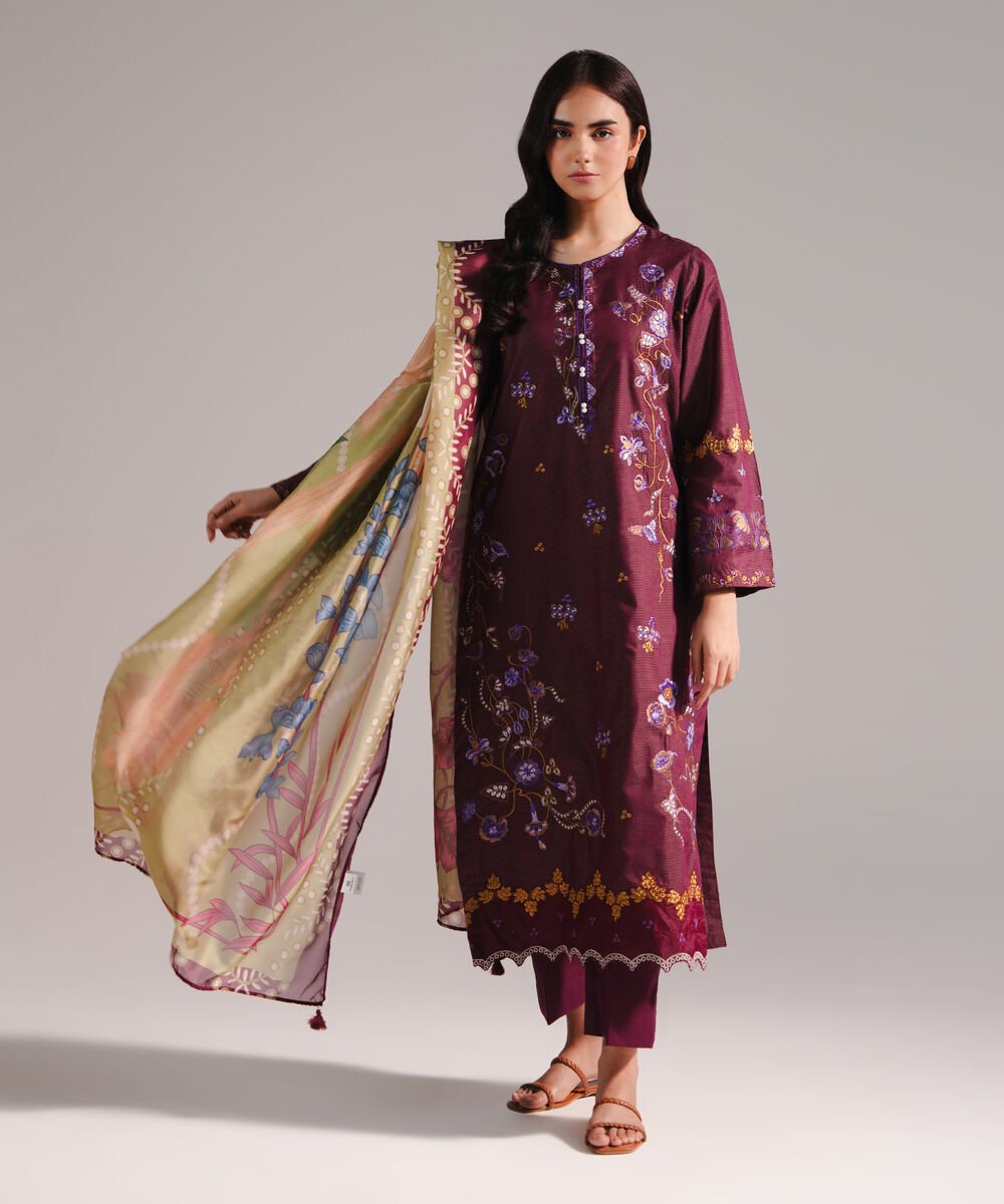 Women's RTW Zari Lawn Embroidered Maroon 3 Piece Suit