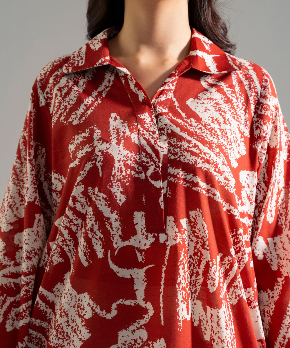Women's RTW Slub Lawn Printed Red A-Line Shirt