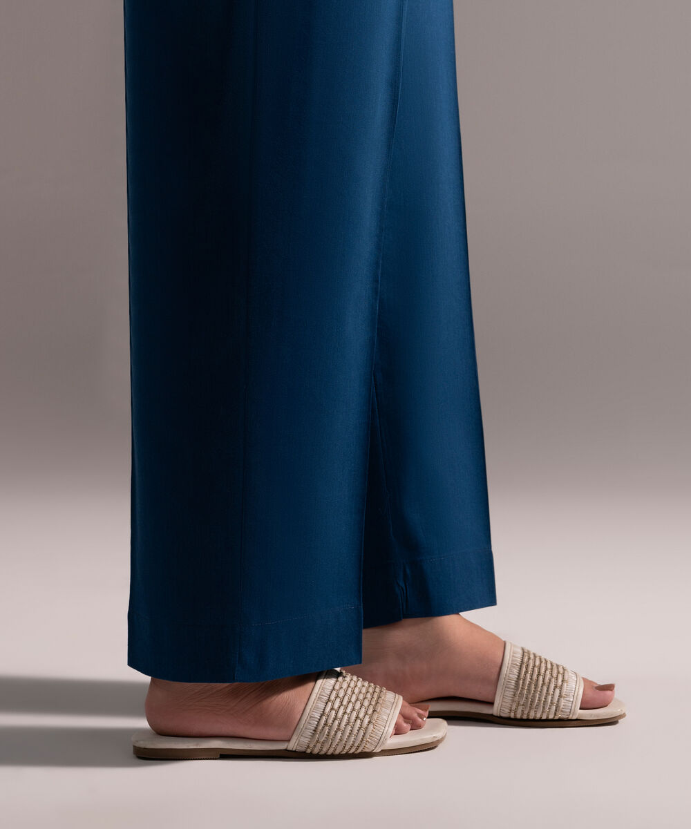 Women's RTW Cotton Viscose Solid Dark Blue Straight Pants