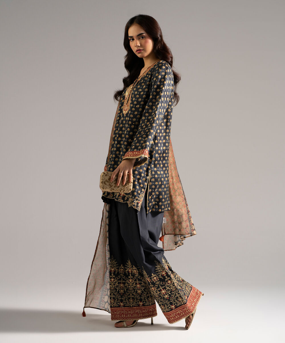 Women's RTW Raw Silk Embroidered Black 3 Piece Suit