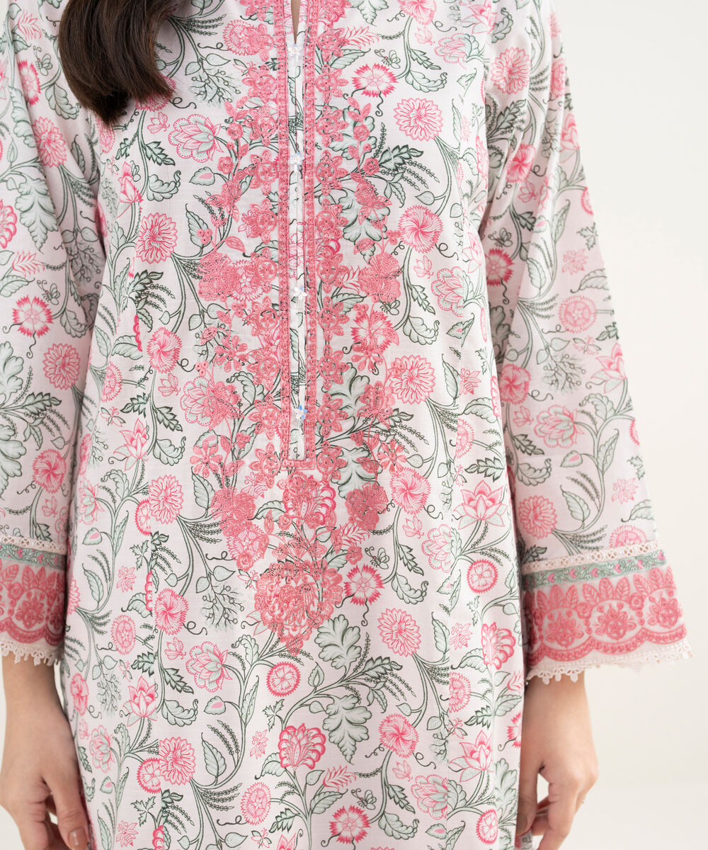 Women's RTW Slub Lawn Embroidered Pink A-Line Shirt