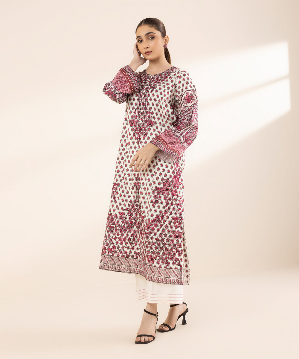 Women's RTW Cotton Satin Red Embroidered A-Line Shirt