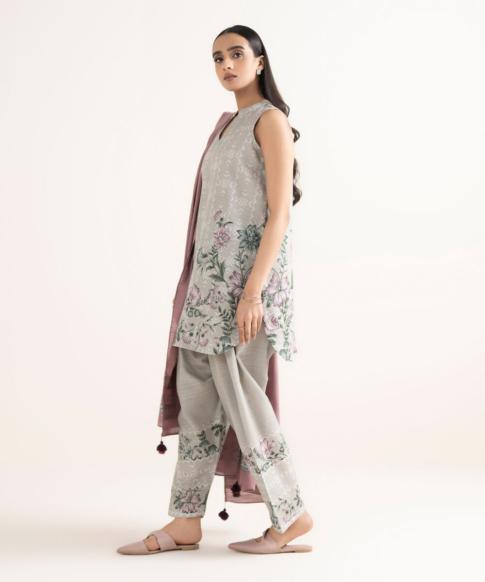 Women's Unstitched Cotton Printed Grey 3 Piece Suit