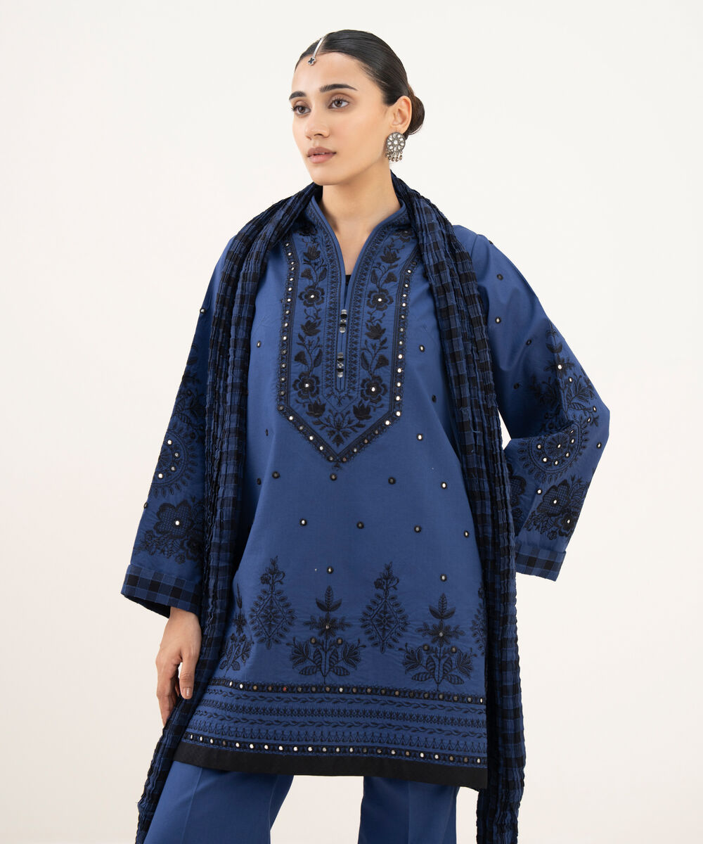 Women's Unstitched Cotton Embroidered Blue 3 Piece Suit