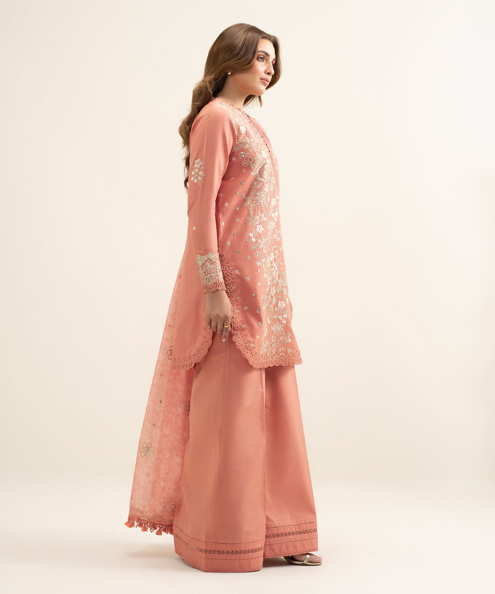 Women's Unstitched Fine Cotton Satin Embroidered Pink 3 Piece Suit