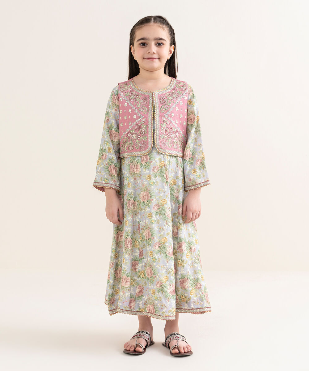 Girl's Viscose Raw Silk Multi Embroidered 2 Piece Suit