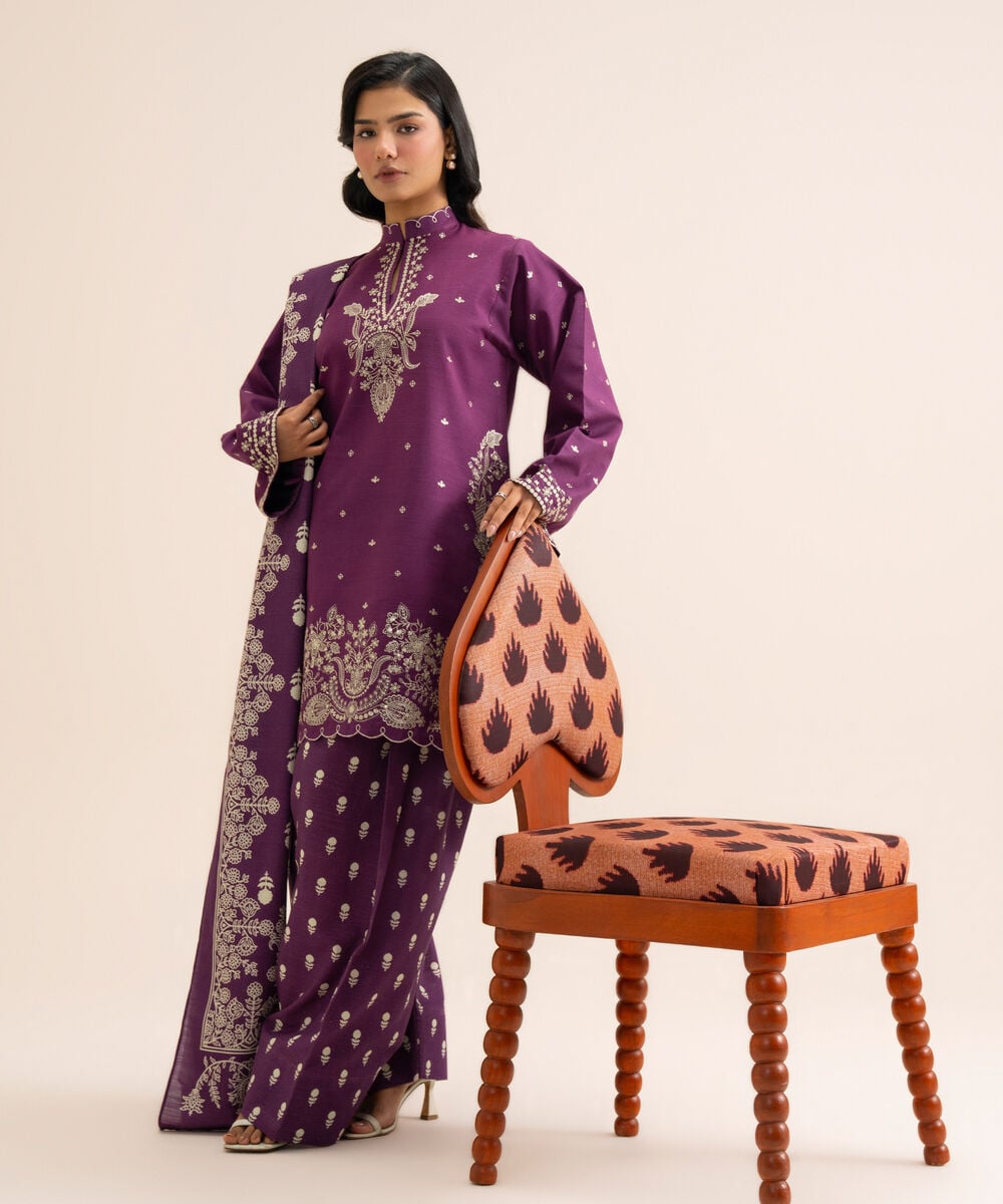 Women's Unstitched Light Khaddar Embroidered Purple 3 Piece Suit