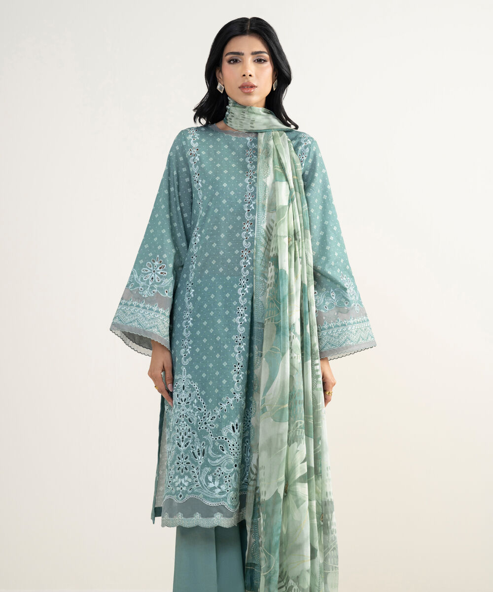 Women's Unstitched Cotton Jacquard Embroidered Green 3 Piece Suit