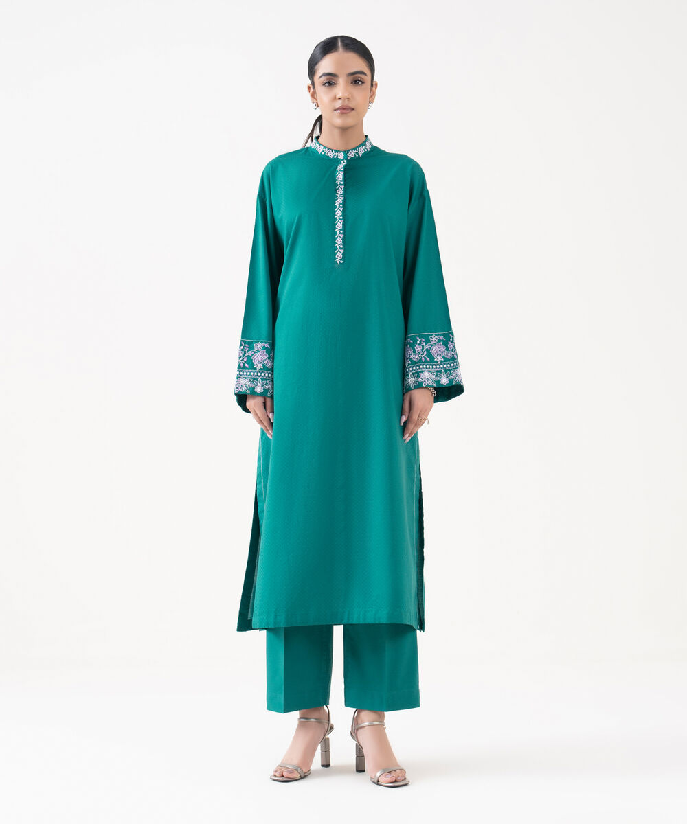 Women's RTW Textured Lawn Blue Embroidered A-Line Shirt