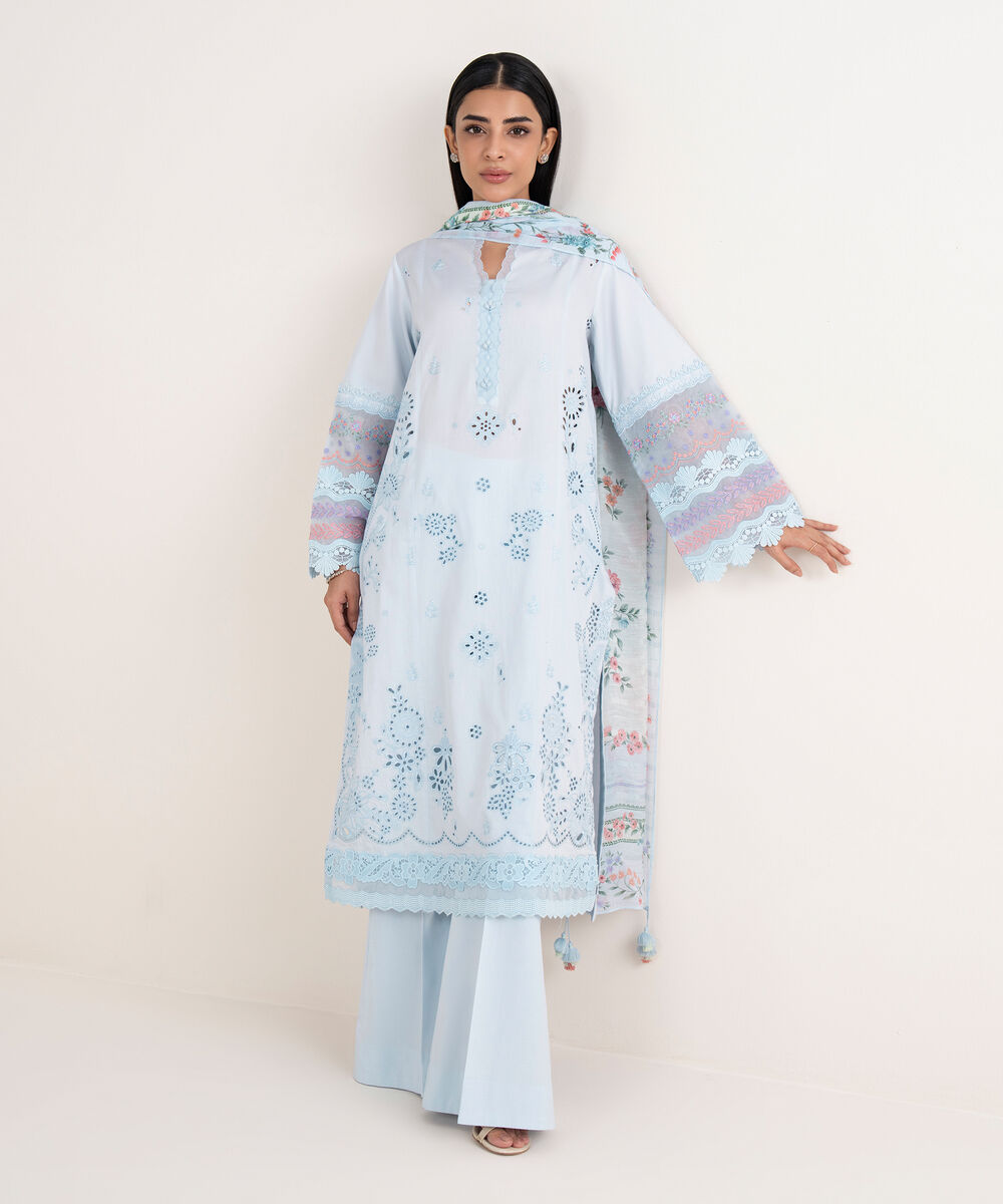 Women's Unstitched Fine Cotton Satin Embroidered Blue 3 Piece Suit