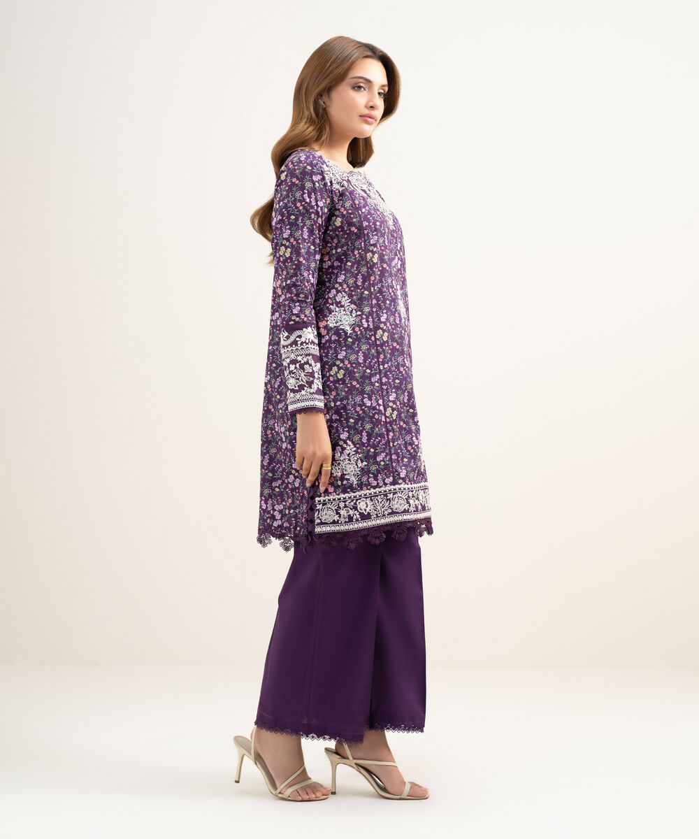 Women's RTW Lawn Embroidered Purple Straight Shirt