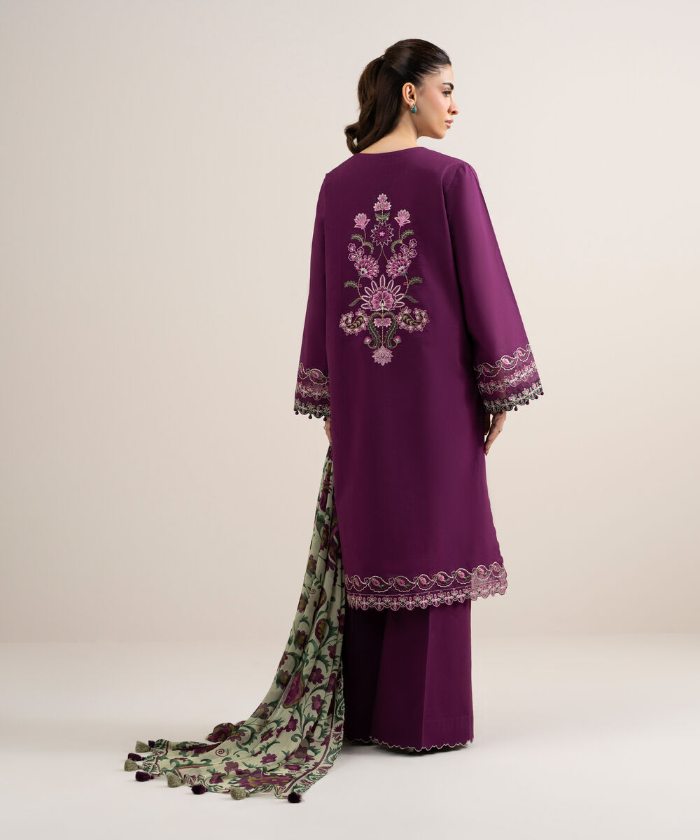 Women's Unstitched Dobby Embroidered Purple 3 Piece Suit