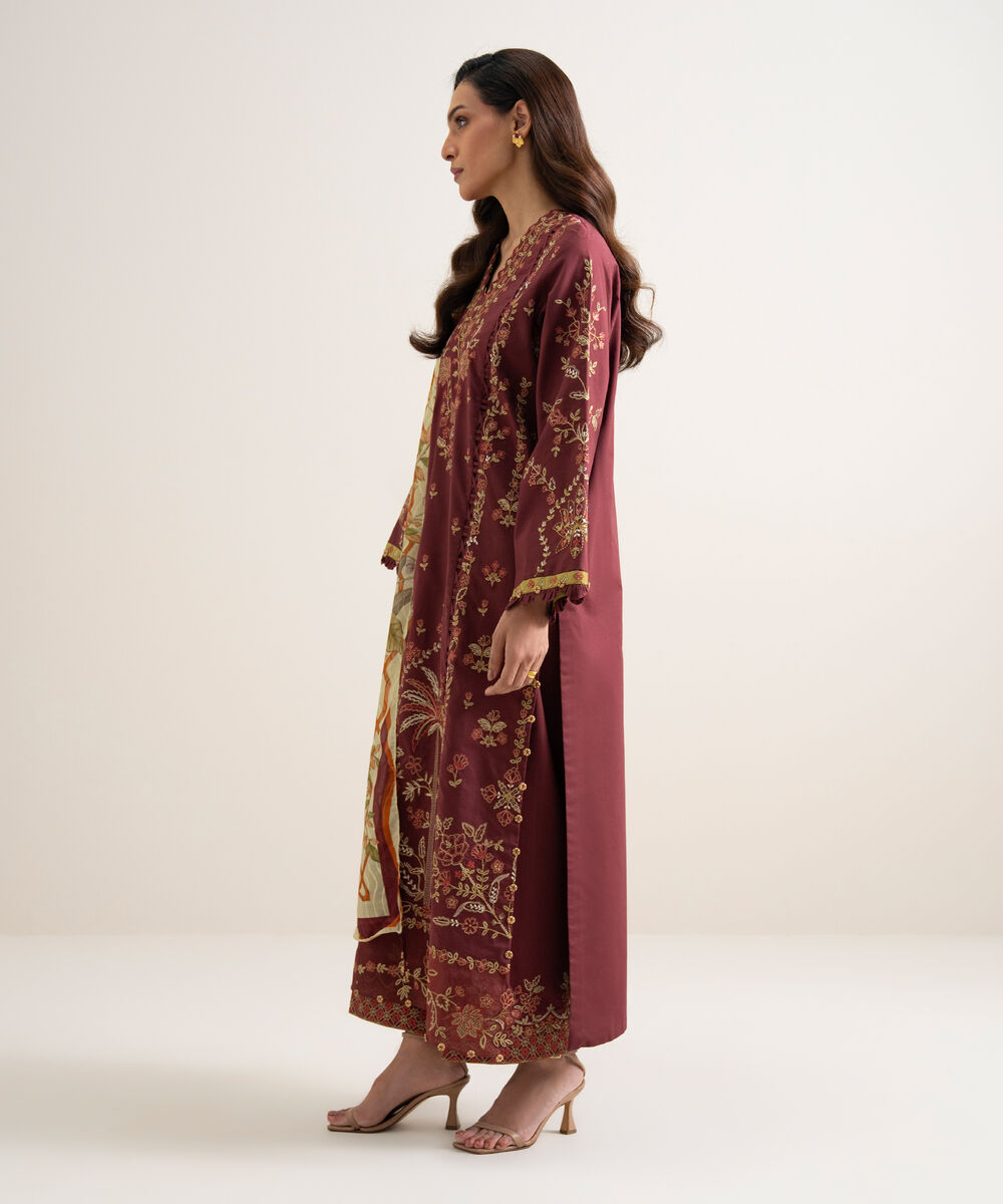 Women's Unstitched Lawn Embroidered Red 3 Piece Suit
