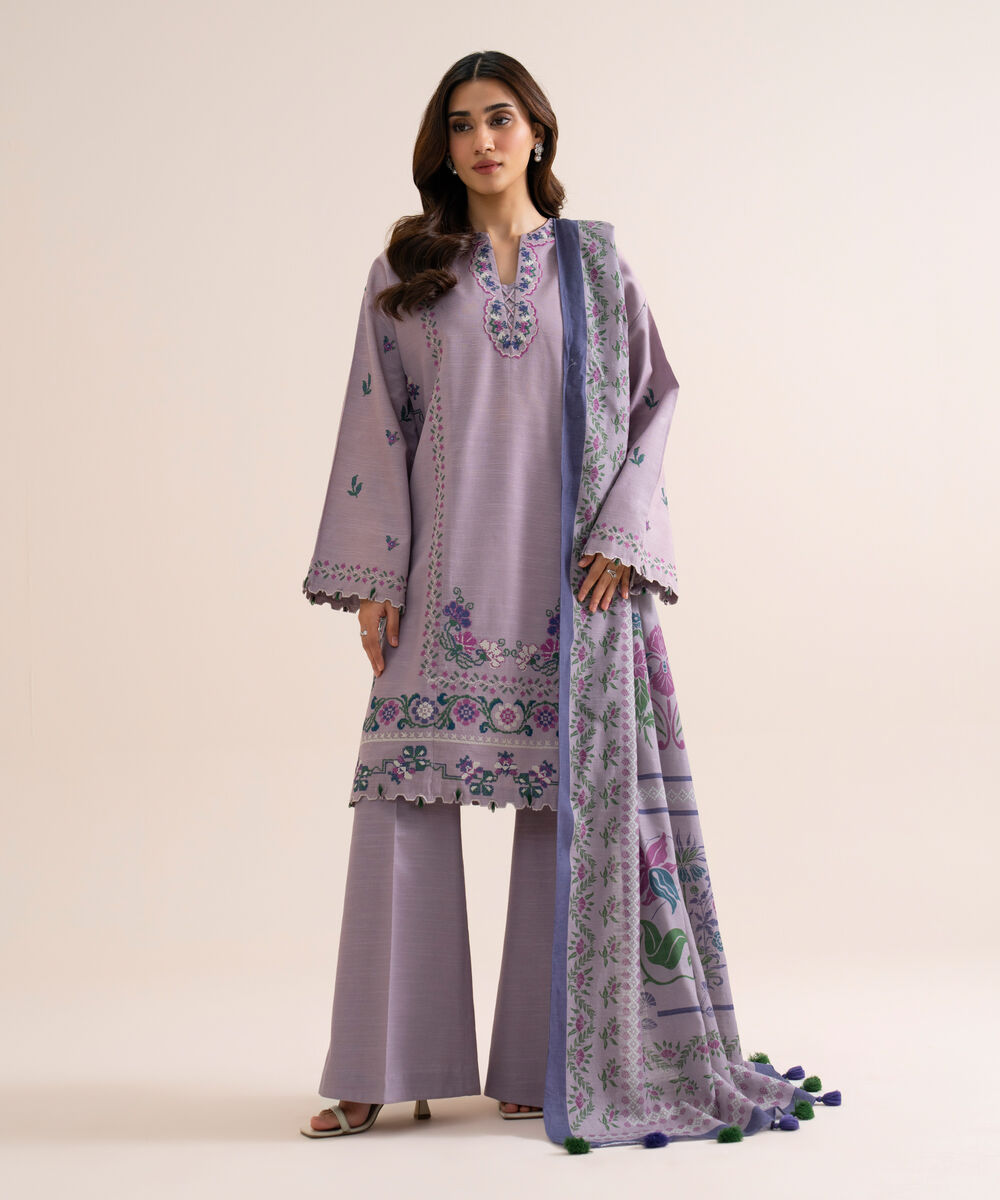 Women's Unstitched Light Khaddar Embroidered Lilac 3 Piece Suit