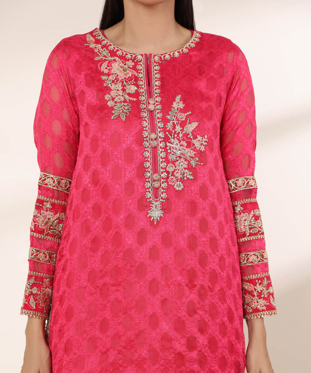 Women's RTW Brochea Jacquard Pink Embroidered Three Piece Suit