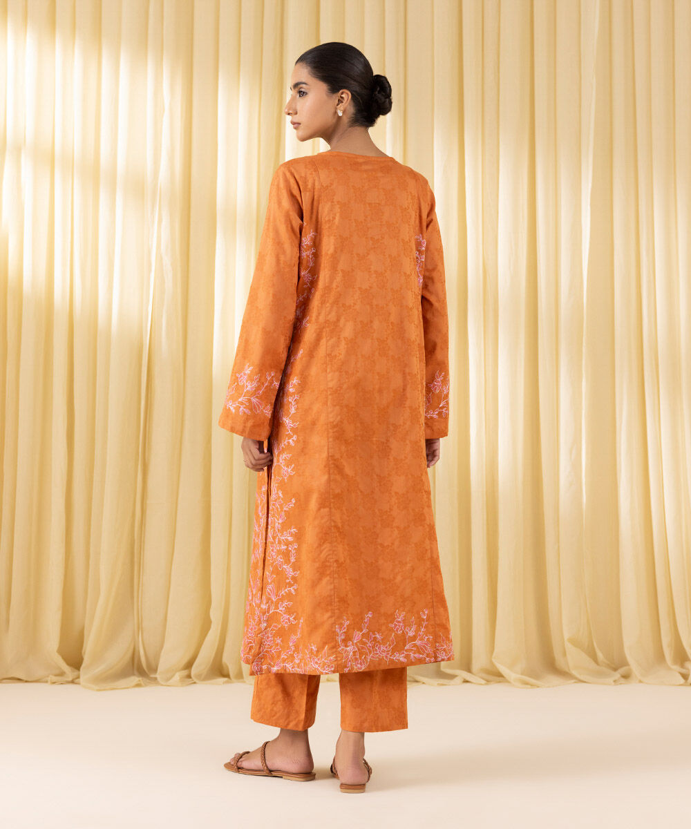 Women's Pret Yarn Dyed Orange Embroidered A-Line Shirt