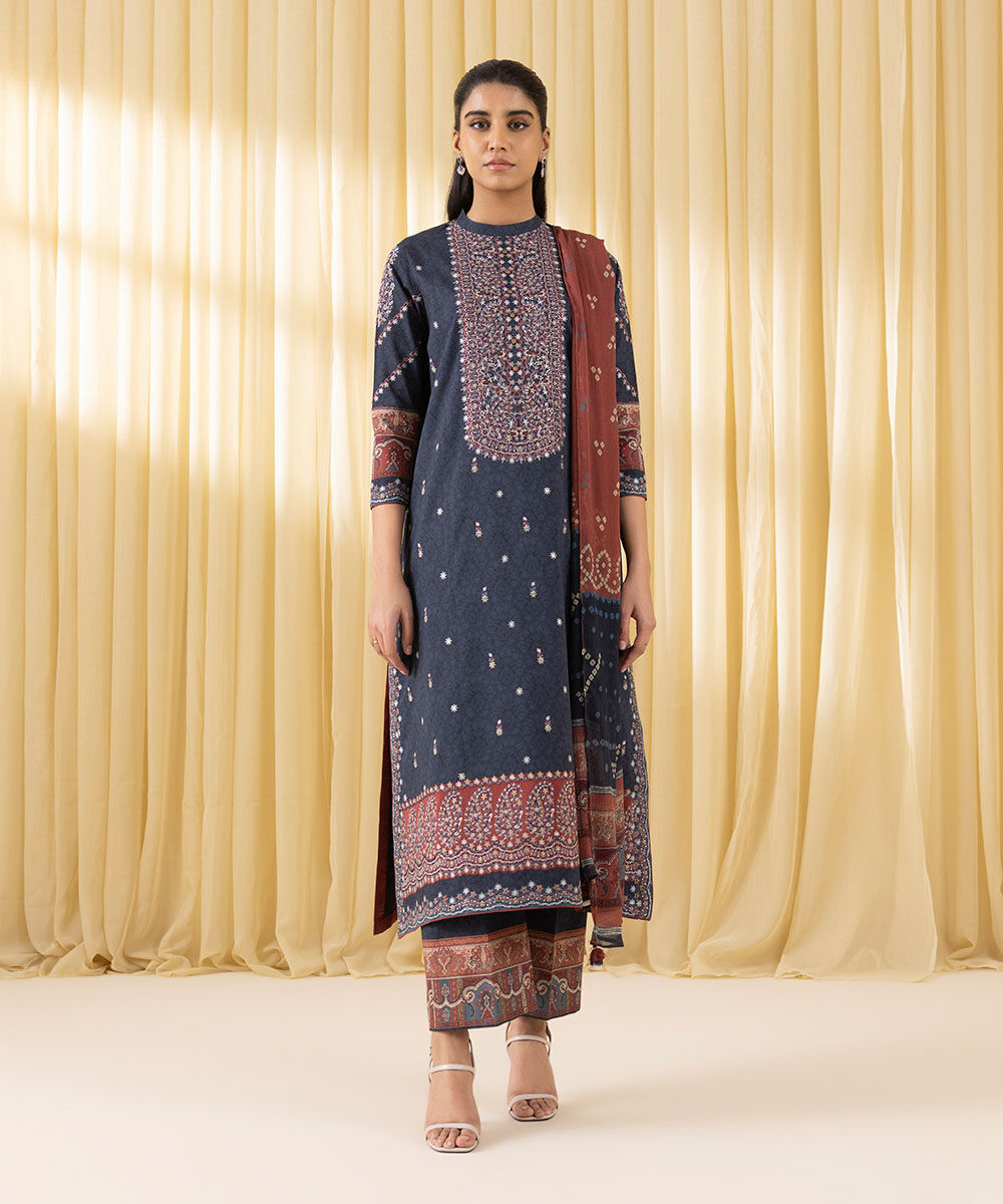 Unstitched Women's Blue Lawn Embroidered 3 Piece Suit