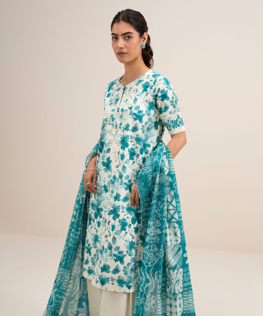 Women's Unstitched Lawn Embroidered Off White and Blue 3 Piece Suit