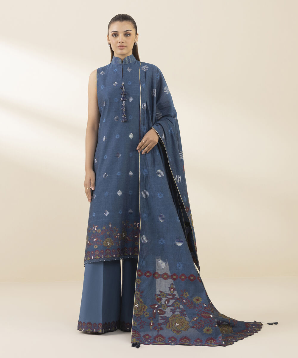 Unstitched Women's Blue Jacquard 3 Piece Suit
