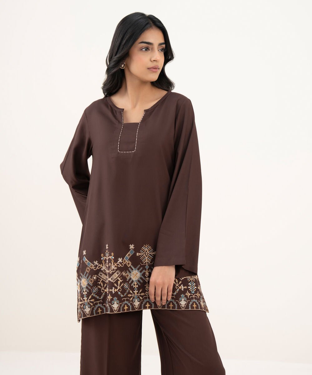 Women's RTW Khaddar Embroidered Straight Brown Shirt