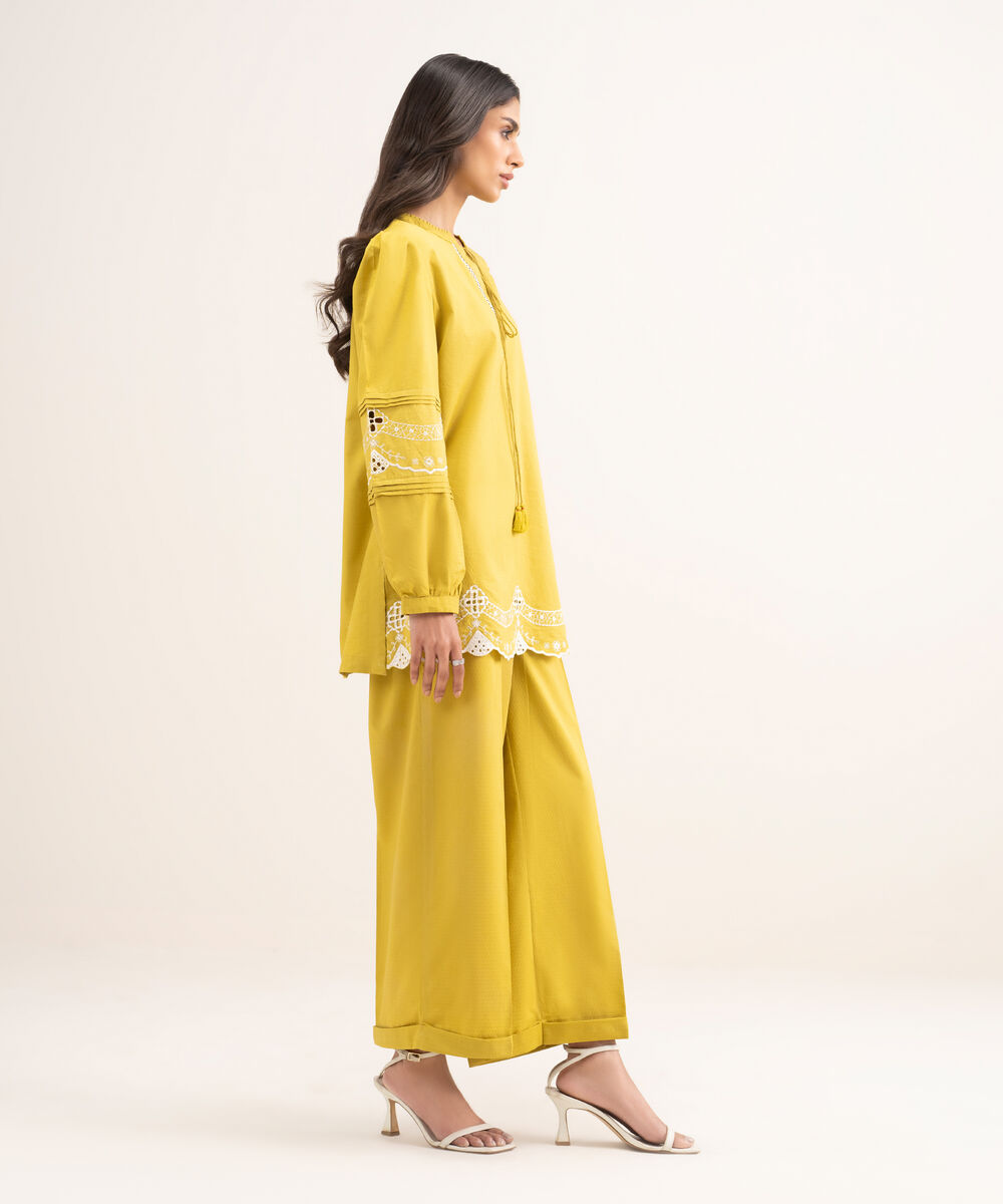 Women's RTW Dobby Embroidered Yellow Straight Shirt