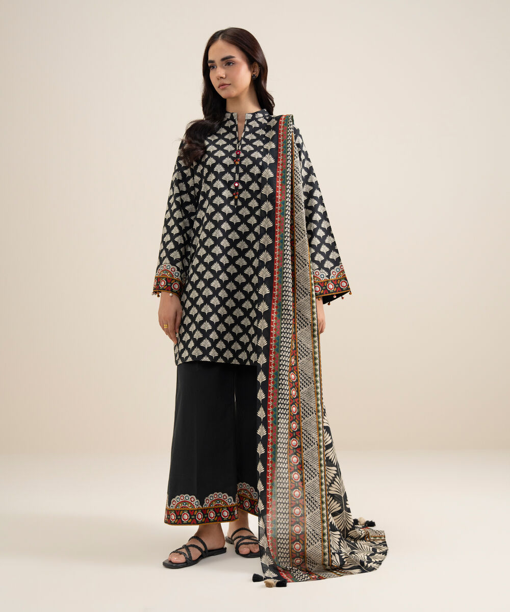 Women's Unstitched Lawn Printed Black and Off White 3 Piece Suit