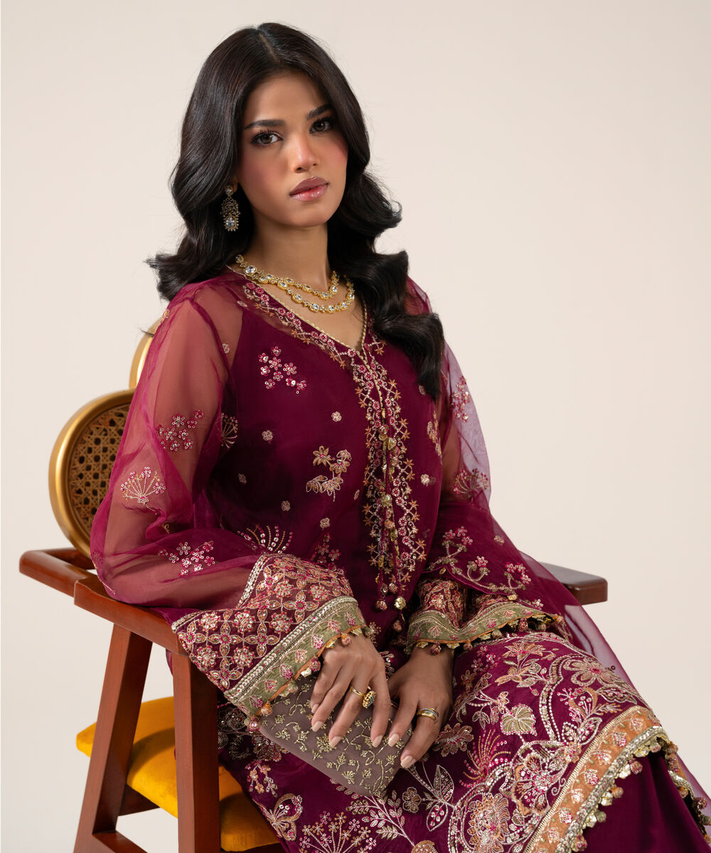 Women's Unstitched Organza Embroidered Pink 3 Piece Suit