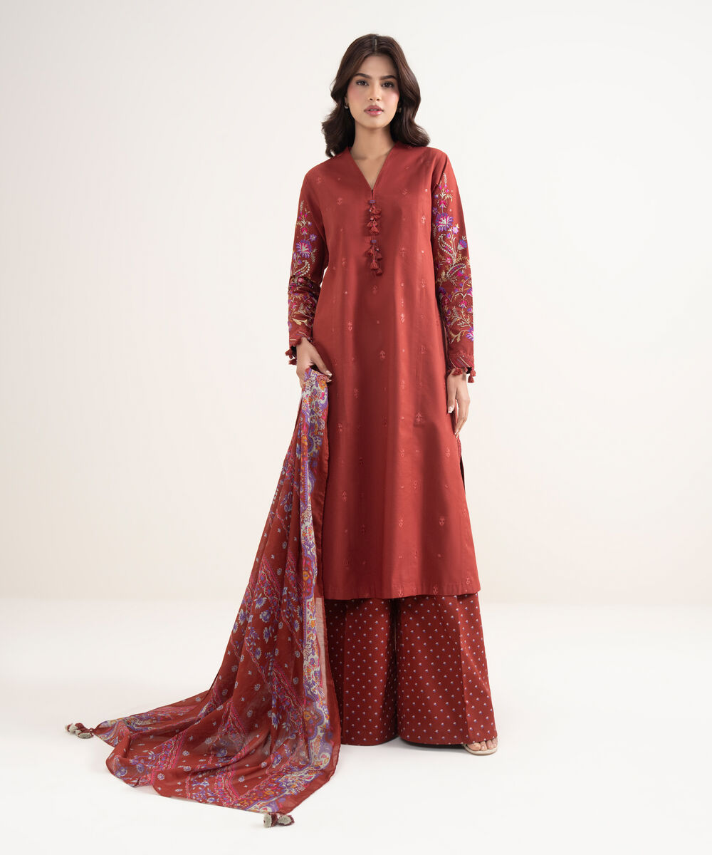 Women's Unstitched Textured Lawn Red Embroidered 3 Piece Suit
