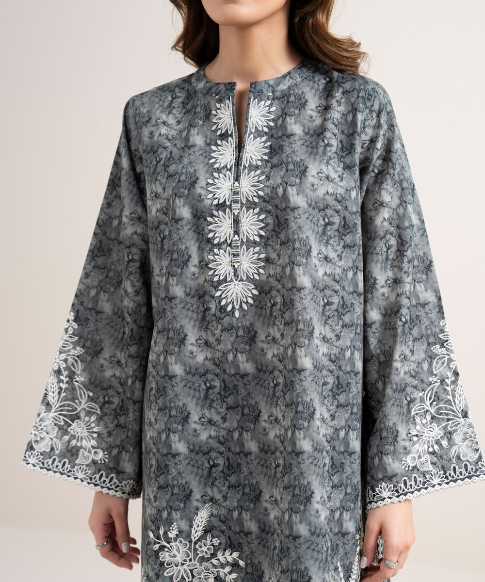 Women's Unstitched Lawn Embroidered Grey 3 Piece Suit