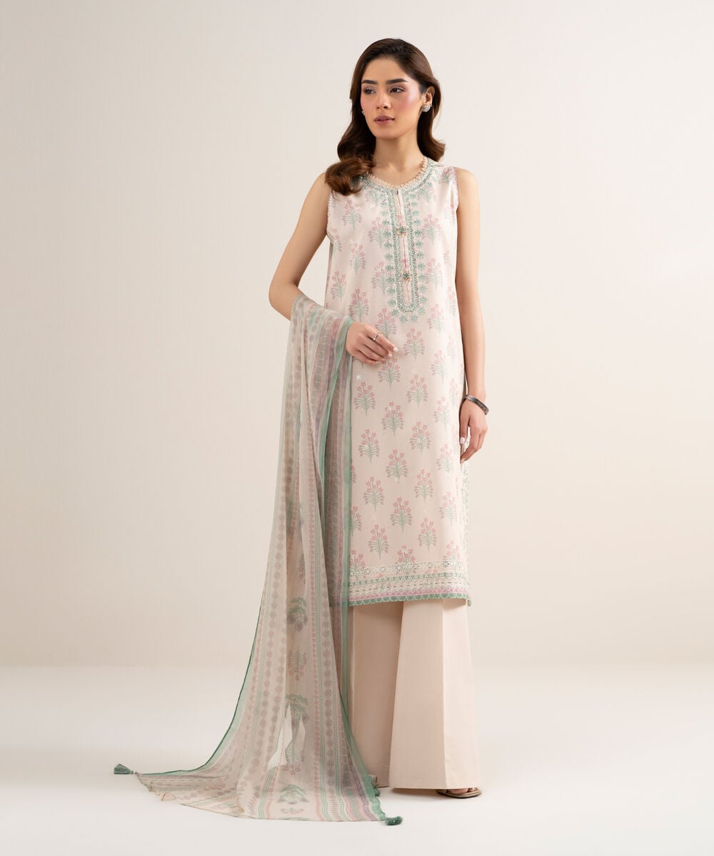 Women's Unstitched Lawn Embroidered Pink 3 Piece Suit