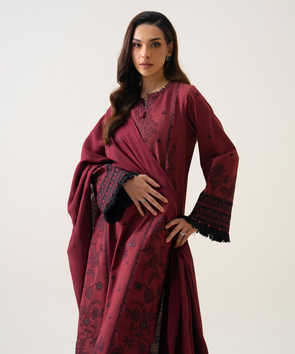 Women's Unstitched Light Khaddar Embroidered Maroon 3 Piece Suit
