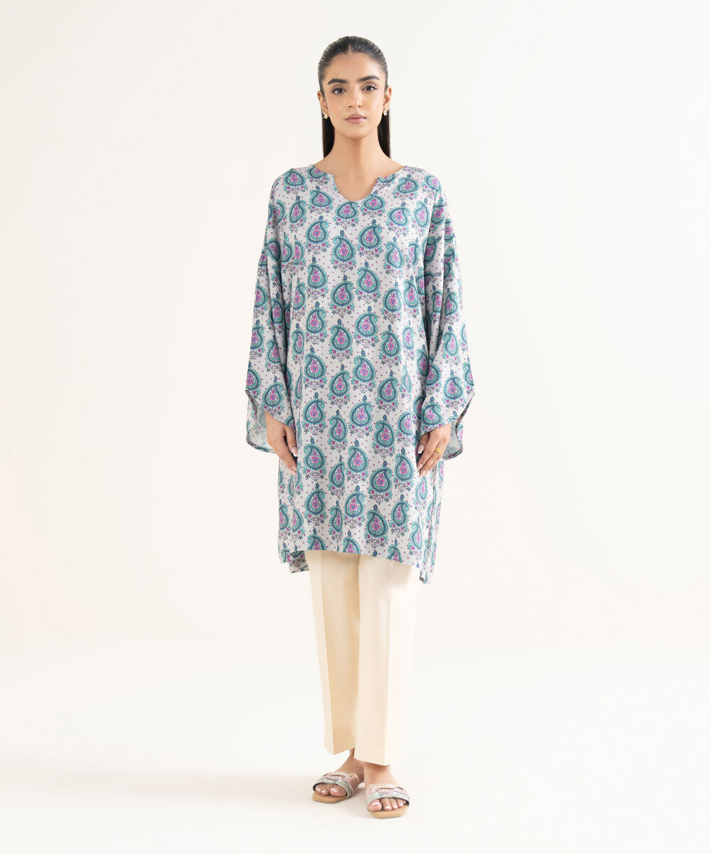 Women's RTW Cotton Printed Drop Shoulder Grey Shirt