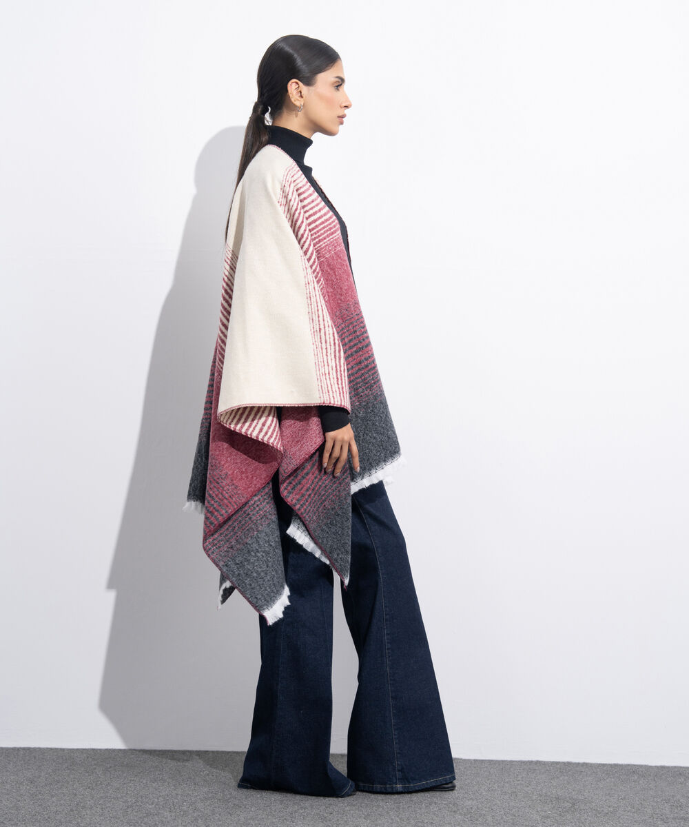 Women's Western Wear Maroon & Off White Striped Cape Shawl