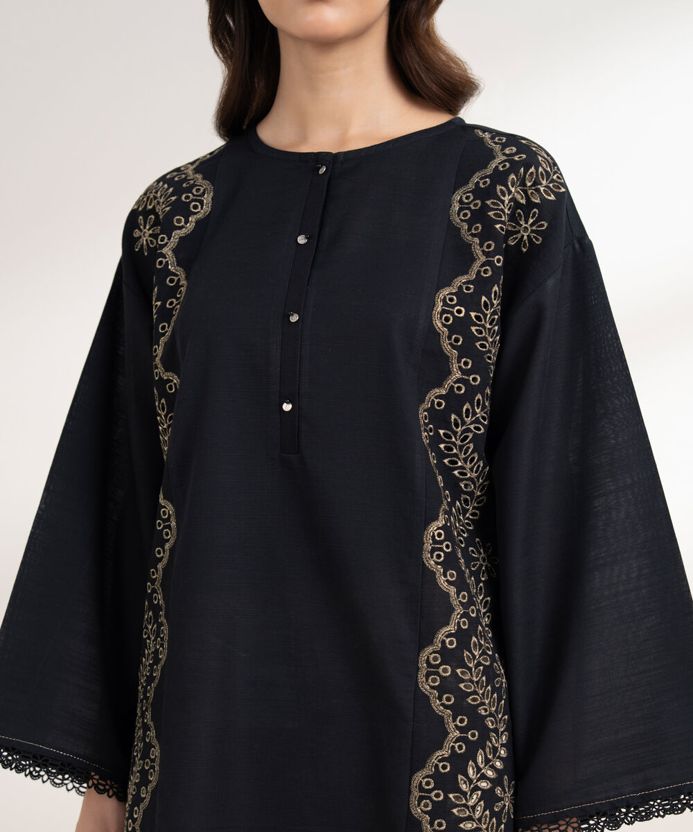 Women's RTW Light Khaddar Embroidered Straight Black Shirt