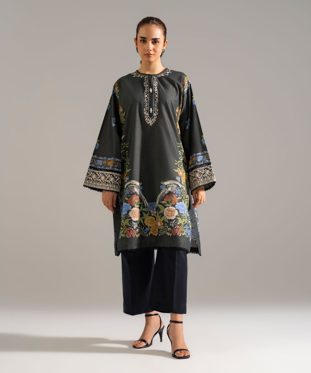 Women's RTW Zari Lawn Embroidered Black Drop Shoulder Shirt