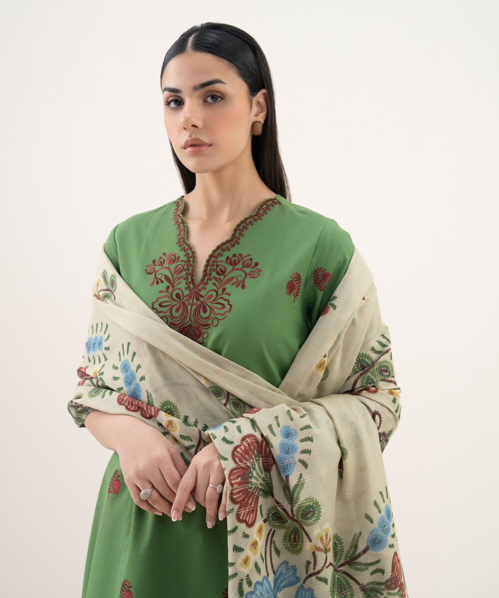Women's Unstitched Cotton Embroidered Green 3 Piece Suit
