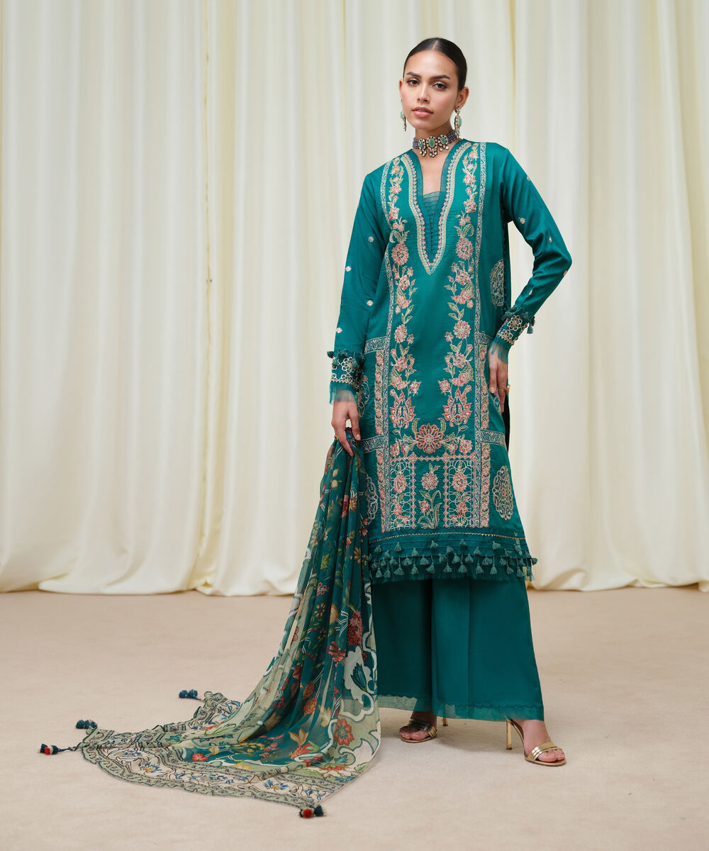 Women's Unstitched Fine Cotton Satin Embroidered Green 3 Piece Suit