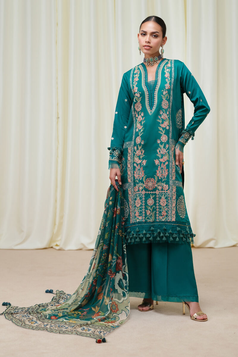 3 Piece - Embroidered Cotton Satin Suit