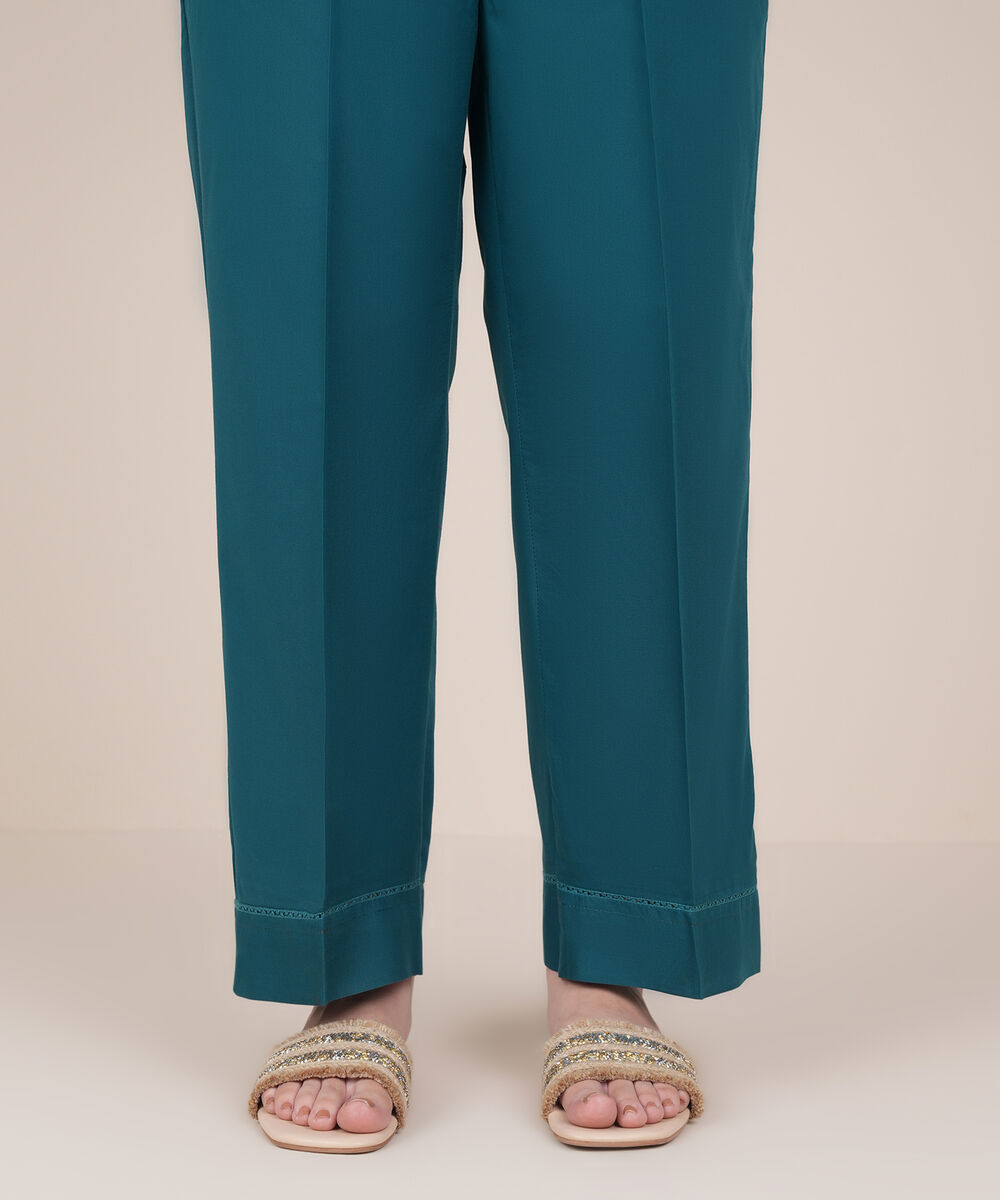 Women's RTW Cambric Blue Solid Straight Pants