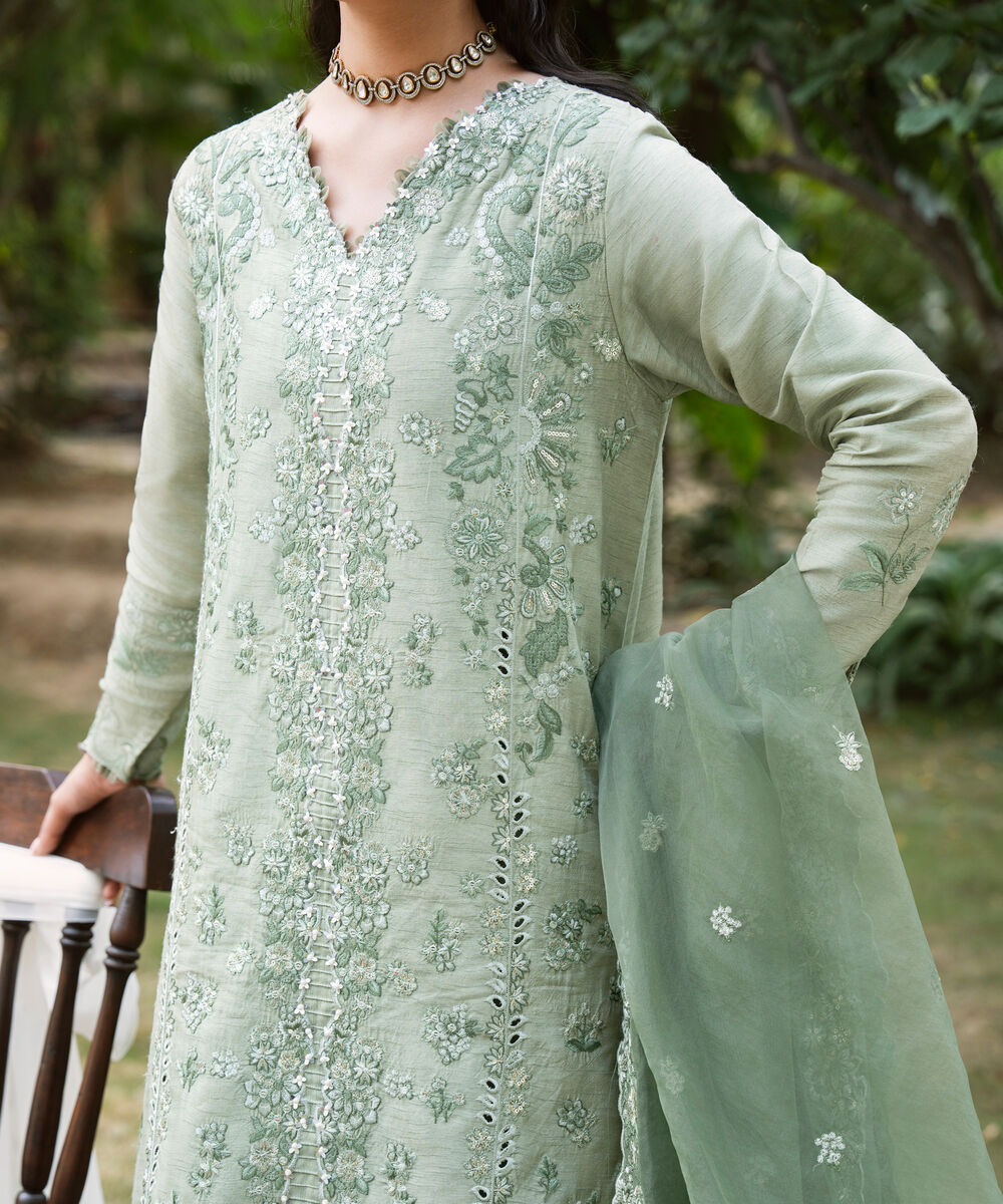 Women's Unstitched Embroidered Viscose Raw Silk Green 3 Piece Suit