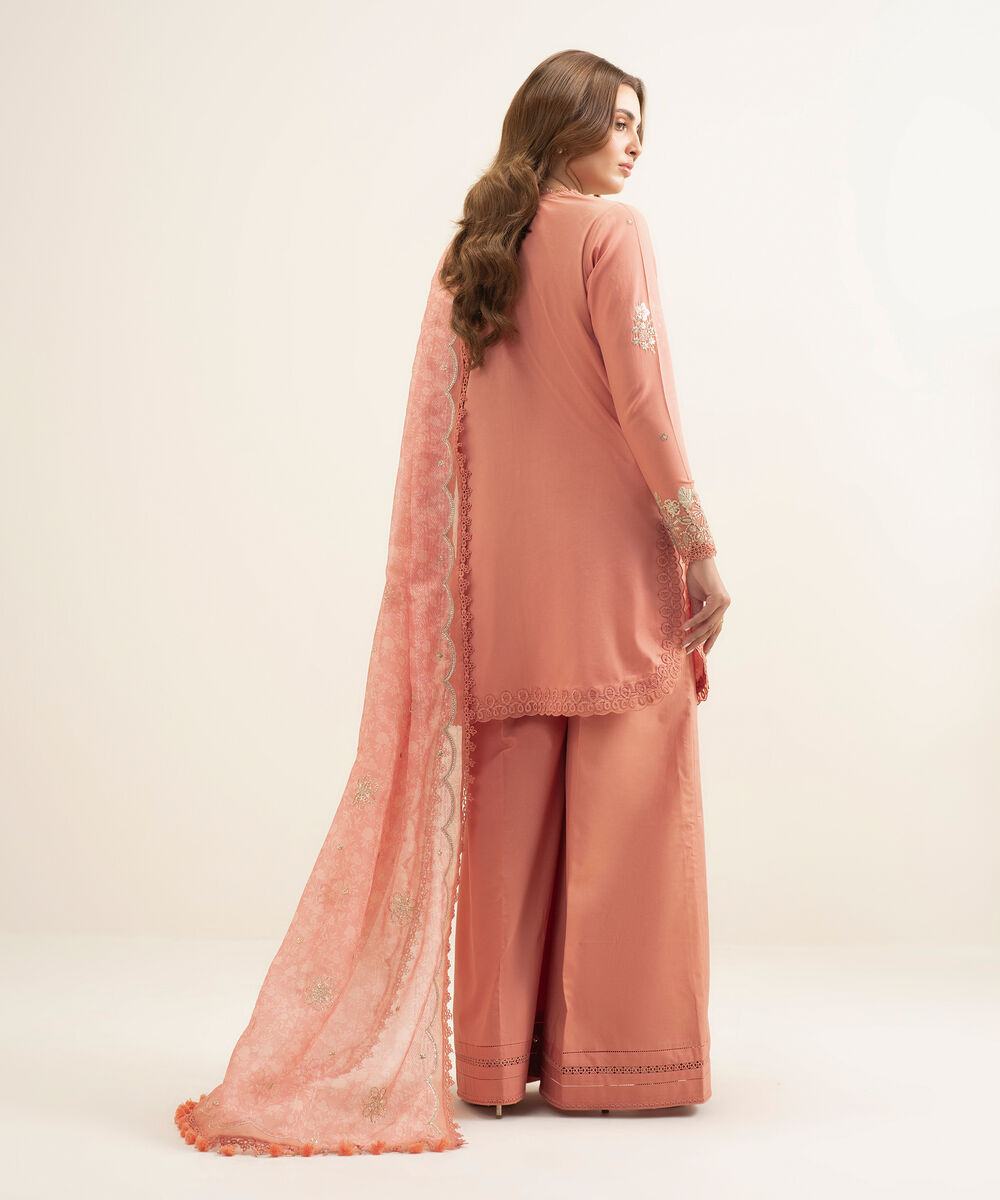 Women's Unstitched Fine Cotton Satin Embroidered Pink 3 Piece Suit
